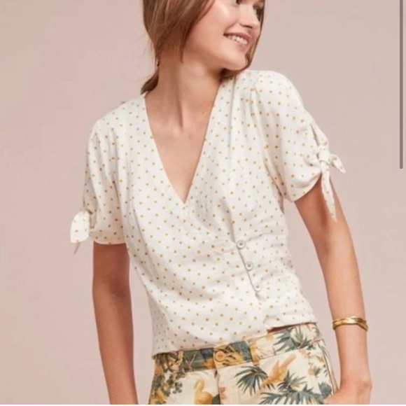 Anthro Maeve Yellow Polka Dot Louise Wrap Tie Sleeve, EUC - Picture 5 of 16